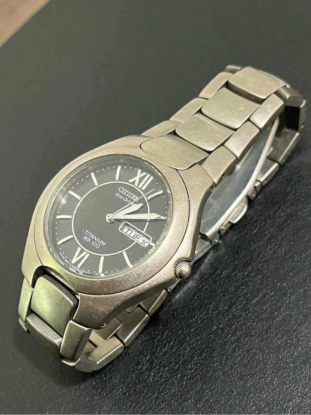 Citizen Eco-Drive Titanium Men’s Watch Navy Blue Dial Day Date WR100 Silver